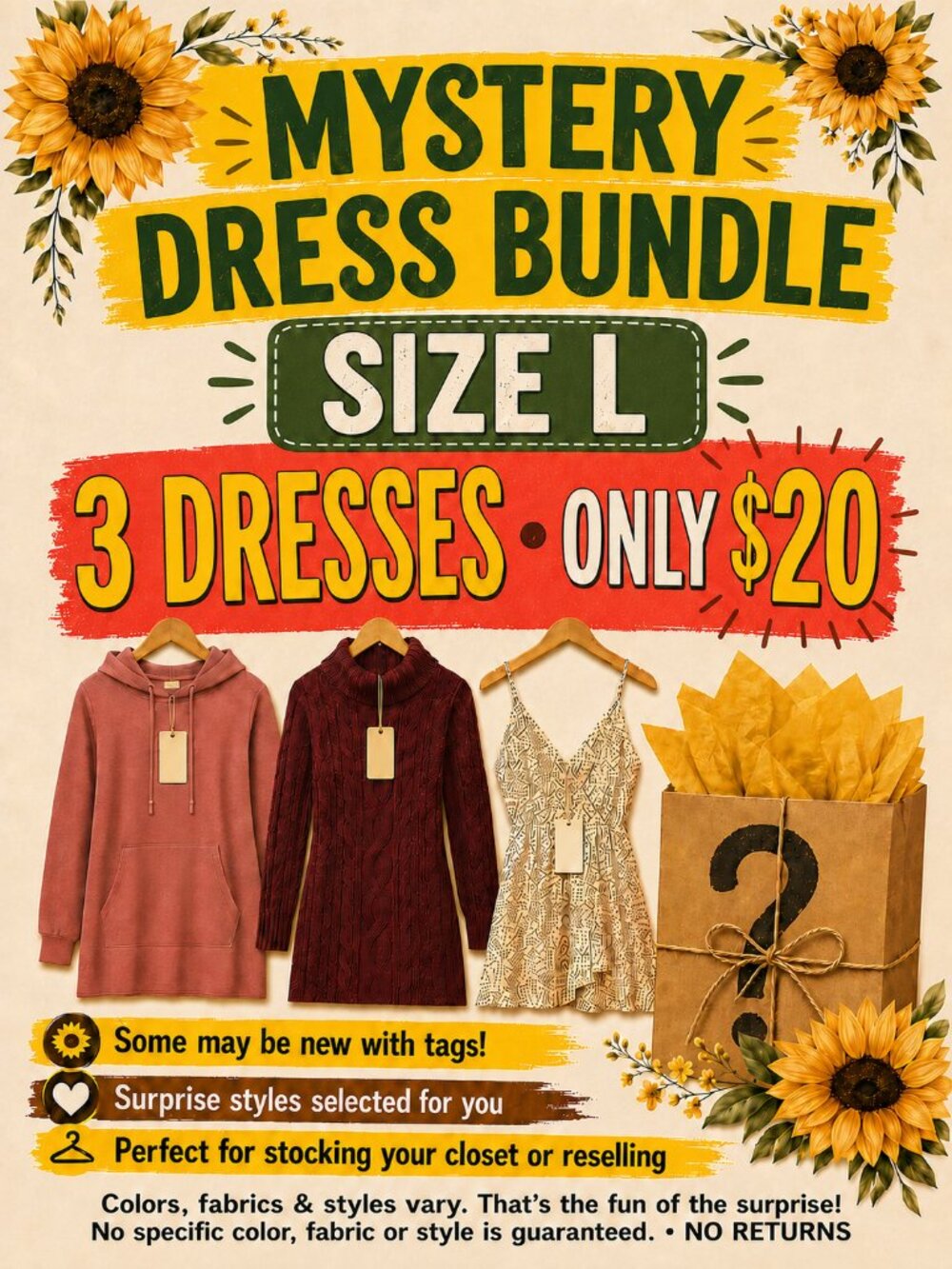 Women’s Size Large 3-Piece Mystery Dress Bundle Reseller Lot